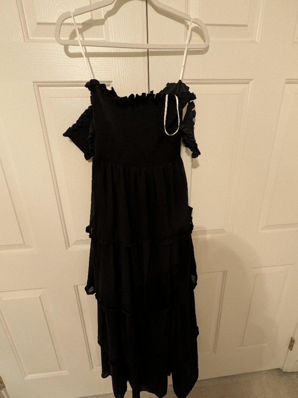 Lulu's black off the shoulder smocked tiered maxi dress